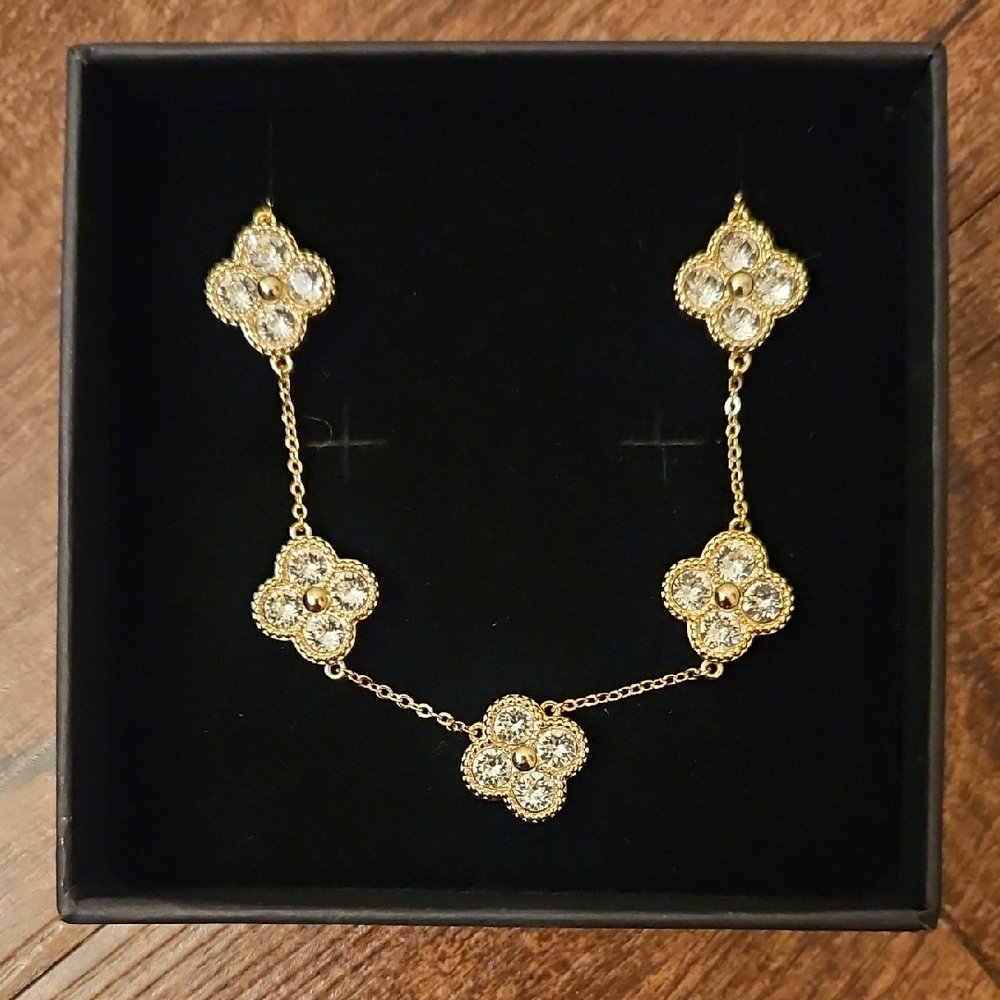Gold Floral Necklace with Crystal Accents